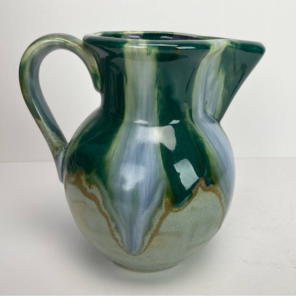 Art Pottery Glazed Pitcher Hand Thrown Green Blue Gray Signed Kathy Vintage